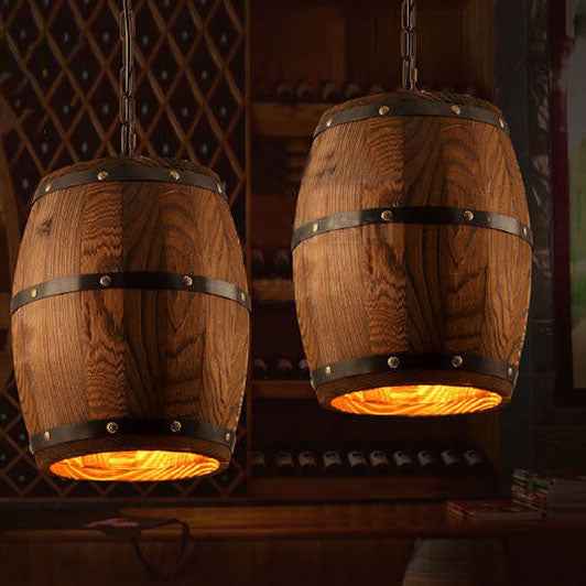 Rustic Round Wooden Wine Barrel Pendant Light - 1-Light Fixture for Dining Room