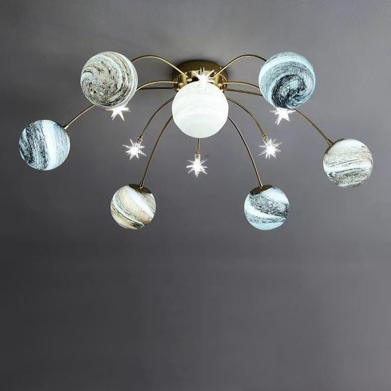 Modern Nordic 13-Light Semi-Flush Mount Ceiling Light with Iron and Glass Earth Planet Design for Kids' Bedroom