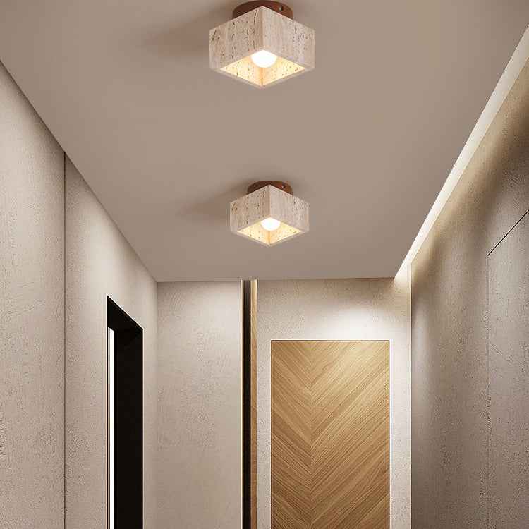 Japanese Wabi-Sabi Yellow Travertine Wood Column 1-Light Semi-Flush Ceiling Fixture