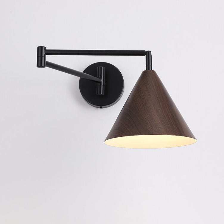 Nordic Minimalist Cone Swing Arm Wall Sconce - Wood Grain Iron, 1-Light