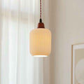 Vintage Japanese Ceramic Round Dome Pendant Light with Pleated Design and Wooden Accents
