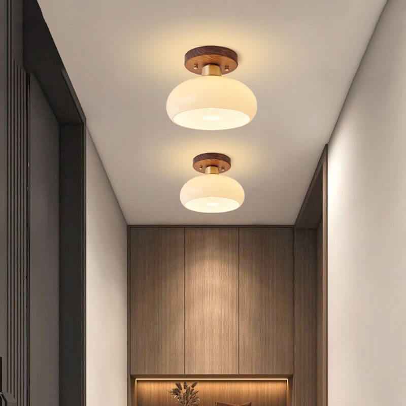 Artistic Vintage Walnut and Brass Round Semi-Flush Mount Ceiling Light with One Bulb