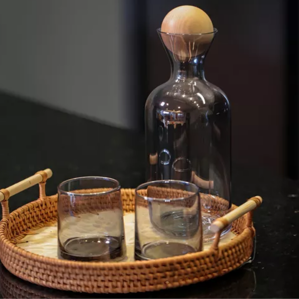 Bela Glass Decanter Set | Borosilicate Jug with 4 Grey Glasses