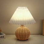 Modern Nordic Rattan Fabric Pleated Conical LED Table Lamp for Bedroom