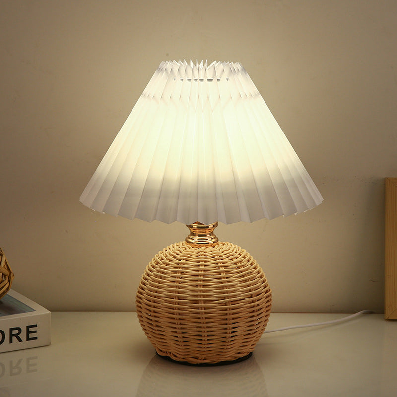 Modern Nordic Rattan Fabric Pleated Conical LED Table Lamp for Bedroom