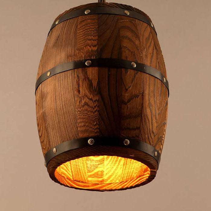 Rustic Round Wooden Wine Barrel Pendant Light - 1-Light Fixture for Dining Room