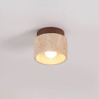 Japanese Wabi-Sabi Yellow Travertine Wood Column 1-Light Semi-Flush Ceiling Fixture