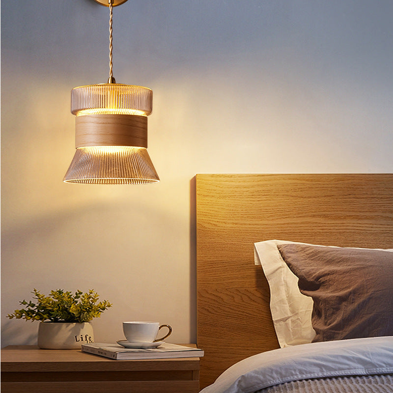 1-Light Wall Sconce Lamp with Japanese Walnut, Glass, and Copper Cylinder Design
