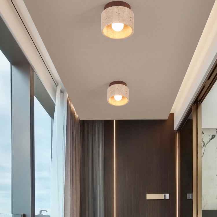 Japanese Wabi-Sabi Yellow Travertine Wood Column 1-Light Semi-Flush Ceiling Fixture