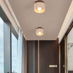 Japanese Wabi-Sabi Yellow Travertine Wood Column 1-Light Semi-Flush Ceiling Fixture