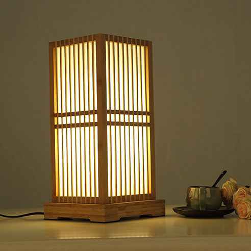 Minimalist Japanese Wooden Square Column Table Lamp with Single Light