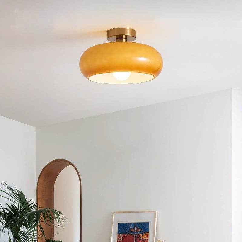 Contemporary Retro Round Solid Color Glass Pendant Light with Electroplated Copper - 1-Light Flush Mount