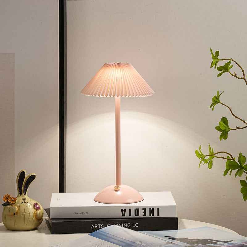 Modern Scandinavian Rechargeable Conic Pleated Table Lamp with 1 Light for Bedside