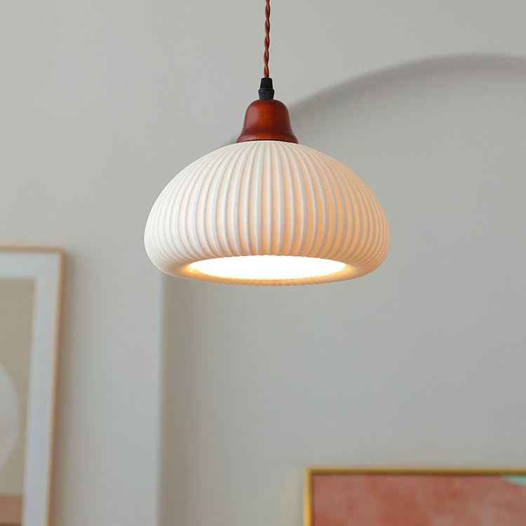 Vintage Japanese Ceramic Round Dome Pendant Light with Pleated Design and Wooden Accents