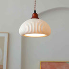 Vintage Japanese Ceramic Round Dome Pendant Light with Pleated Design and Wooden Accents