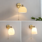Nordic Style White Glass and Brass 1-Light Wall Sconce with Pull Cord