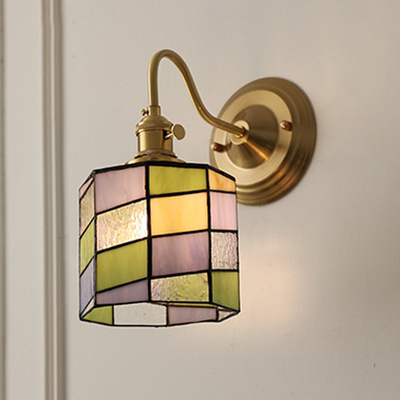 Classic Tiffany Style Round Copper Glass 1-Light Wall Sconce for Living Room