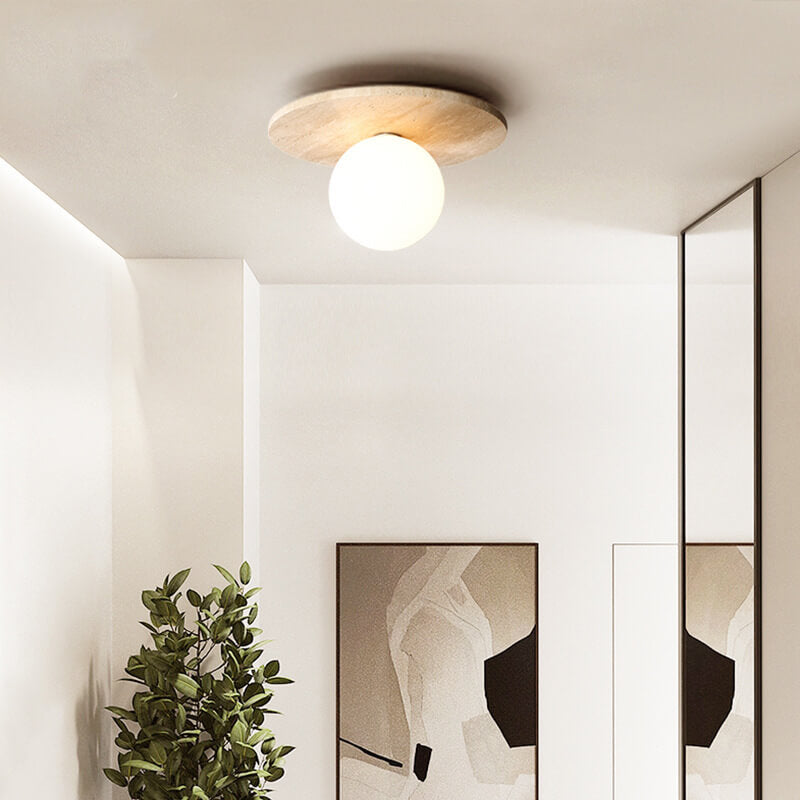 Classic Vintage Round Travertine 1-Light Flush Mount Ceiling Fixture for Hallways