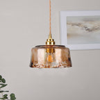 Retro Amber Glass Drum Pendant Light with Brass Accent - 1-Light
