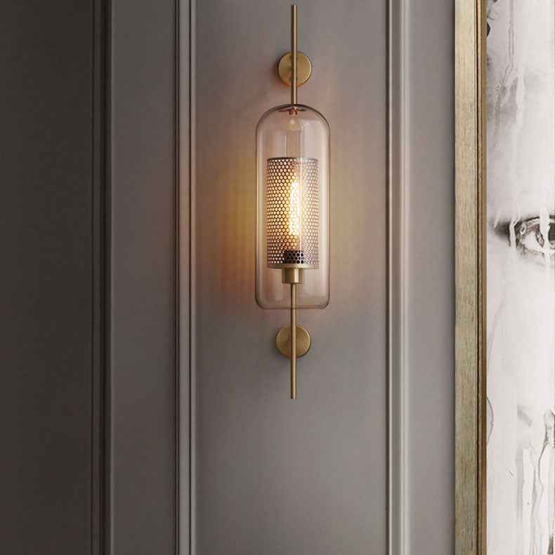 Modern Industrial Cylinder Glass Shade Wall Sconce Lamp with Iron Finish Frame - 1-Light Design for Bedroom