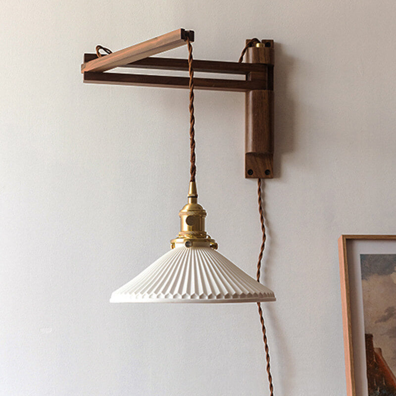 Nordic White Striped Glass Wall Sconce Lamp with Walnut Retractable Design - 1 Light