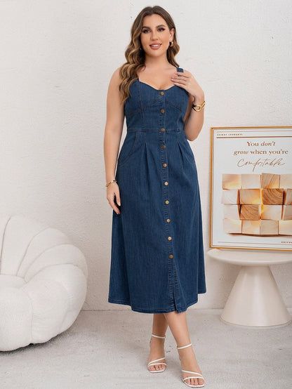 Effortless Midi Dress for Women Sweetheart-Neck Button-Front Pocketed