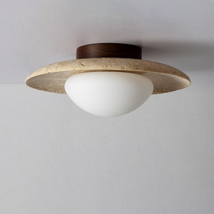Classic Vintage Round Travertine 1-Light Flush Mount Ceiling Fixture for Hallways