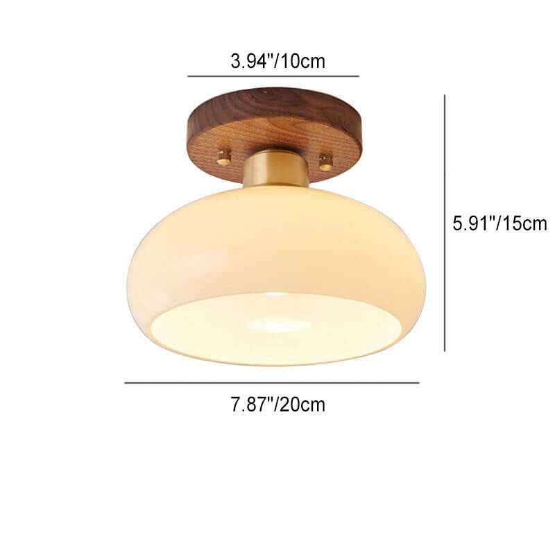 Artistic Vintage Walnut and Brass Round Semi-Flush Mount Ceiling Light with One Bulb