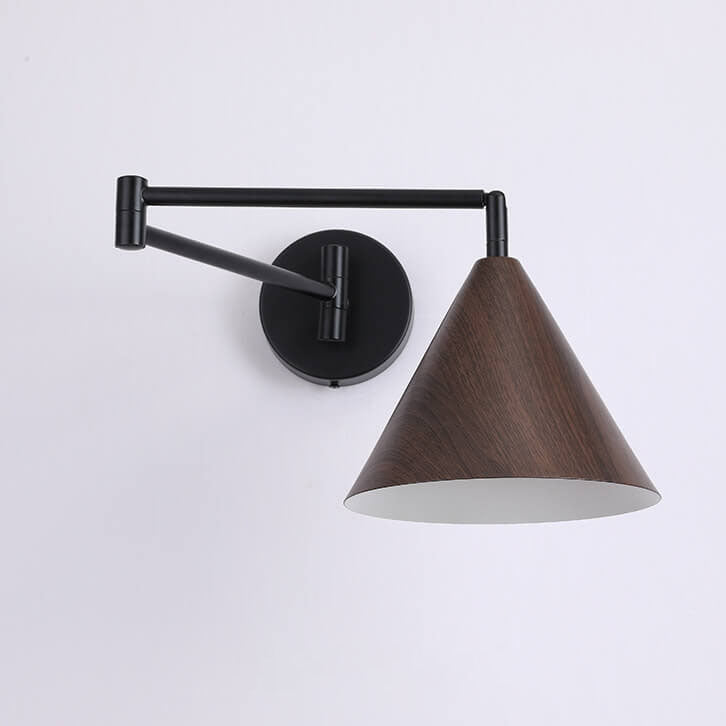 Nordic Minimalist Cone Swing Arm Wall Sconce - Wood Grain Iron, 1-Light
