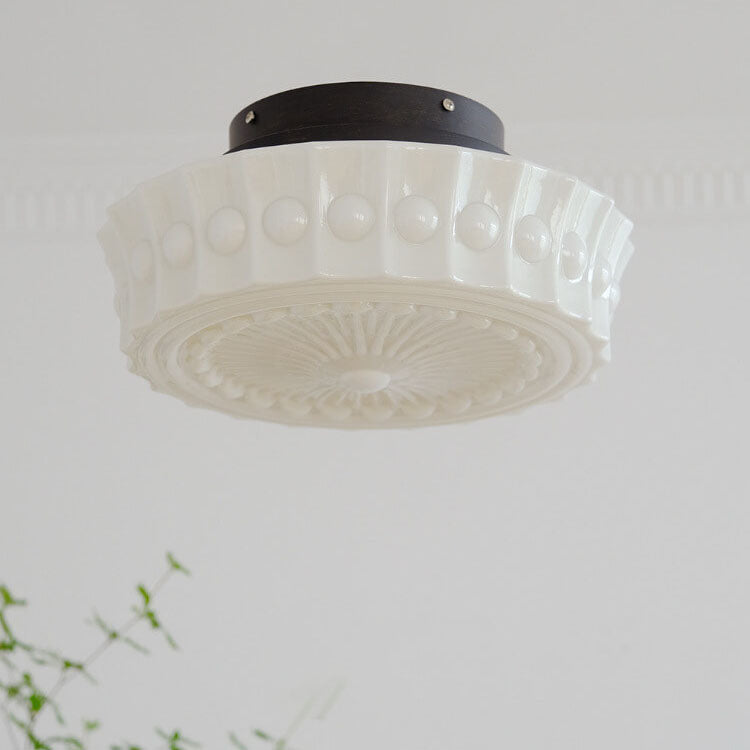 Vintage French White Jade Glass Striped Round Drum LED Semi-Flush Mount Ceiling Light