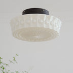 Vintage French White Jade Glass Striped Round Drum LED Semi-Flush Mount Ceiling Light