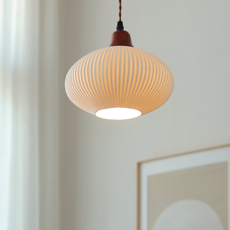 Vintage Japanese Ceramic Round Dome Pendant Light with Pleated Design and Wooden Accents