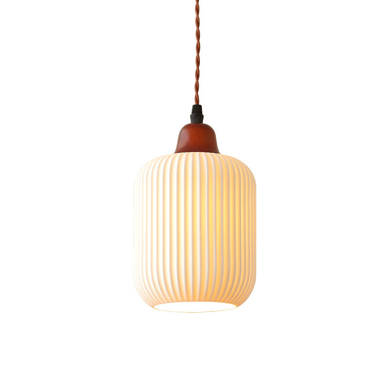 Vintage Japanese Ceramic Round Dome Pendant Light with Pleated Design and Wooden Accents