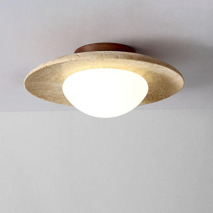 Classic Vintage Round Travertine 1-Light Flush Mount Ceiling Fixture for Hallways