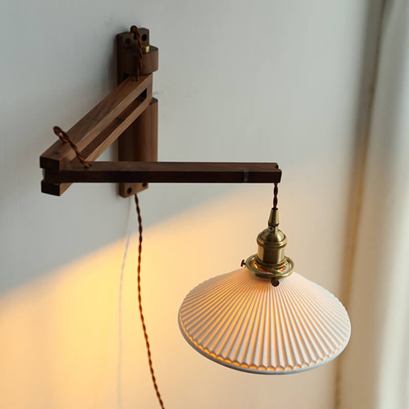 Nordic White Striped Glass Wall Sconce Lamp with Walnut Retractable Design - 1 Light