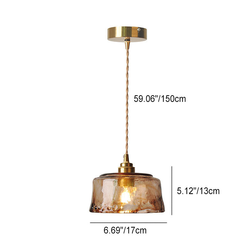 Retro Amber Glass Drum Pendant Light with Brass Accent - 1-Light