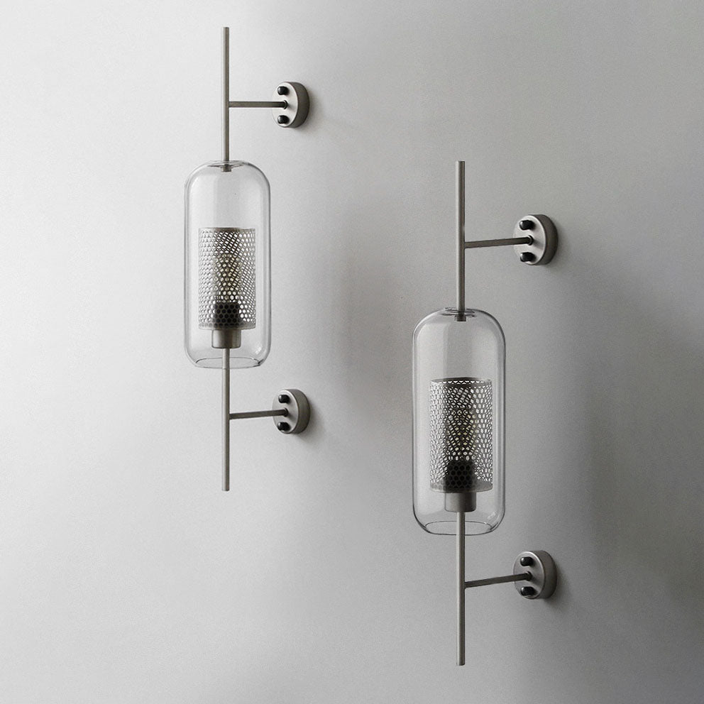 Modern Industrial Cylinder Glass Shade Wall Sconce Lamp with Iron Finish Frame - 1-Light Design for Bedroom