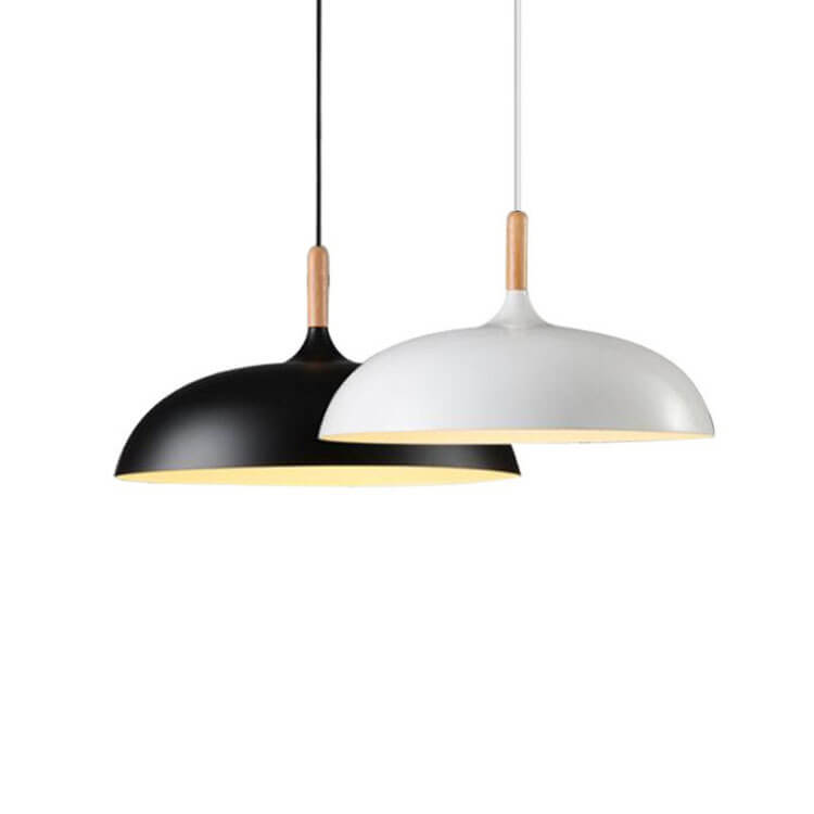 Contemporary Metal Pendant Light with Wooden Top - 1-Light Dome Design