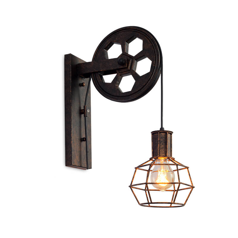 Retro Industrial Iron Wall Sconce Lamp with Single Pulley Light