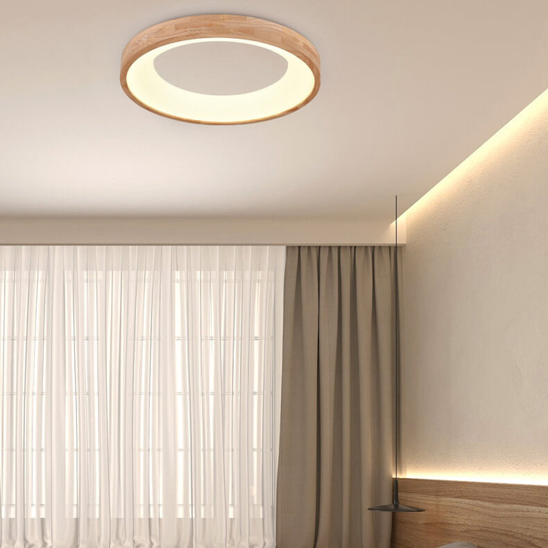 Round LED Flush Mount Ceiling Light in Nordic Minimalist Log Wood Design