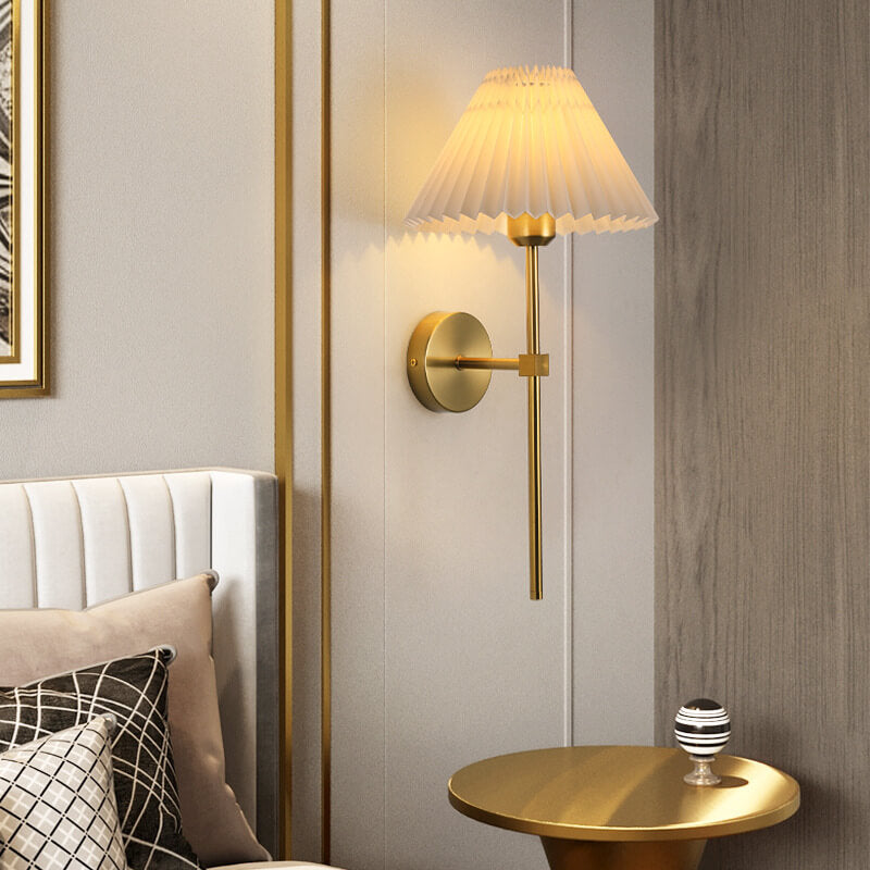 Retro Pleated Fabric Shade Wall Sconce Lamp with Straight Arm - 1-Light