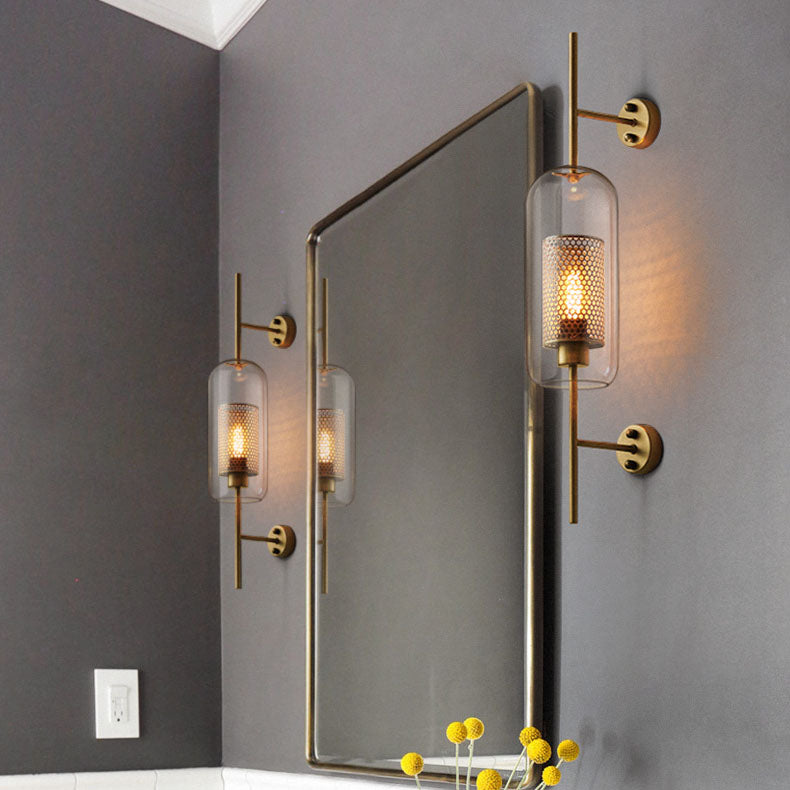Modern Industrial Cylinder Glass Shade Wall Sconce Lamp with Iron Finish Frame - 1-Light Design for Bedroom