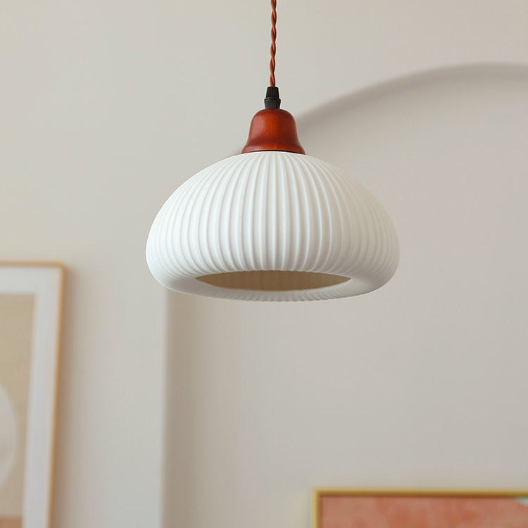 Vintage Japanese Ceramic Round Dome Pendant Light with Pleated Design and Wooden Accents