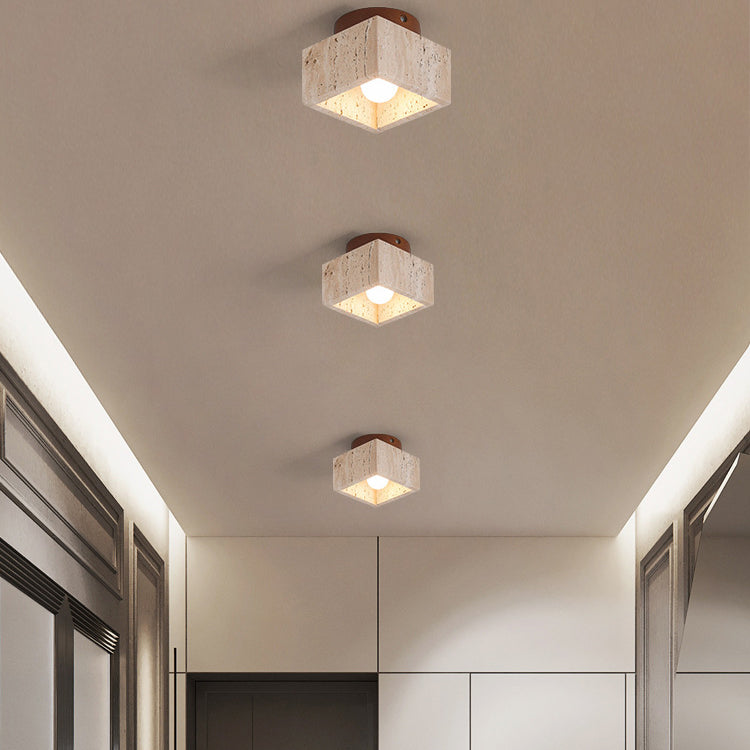 Japanese Wabi-Sabi Yellow Travertine Wood Column 1-Light Semi-Flush Ceiling Fixture