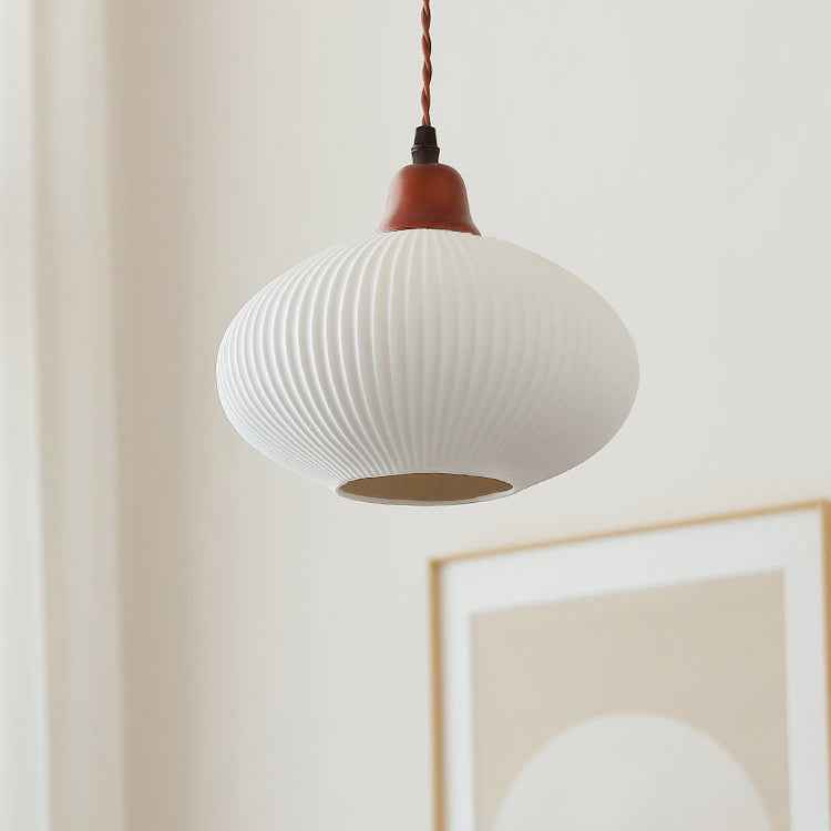 Vintage Japanese Ceramic Round Dome Pendant Light with Pleated Design and Wooden Accents