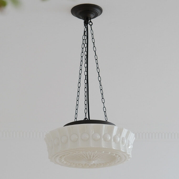 Vintage French White Jade Glass Striped Round Drum LED Semi-Flush Mount Ceiling Light