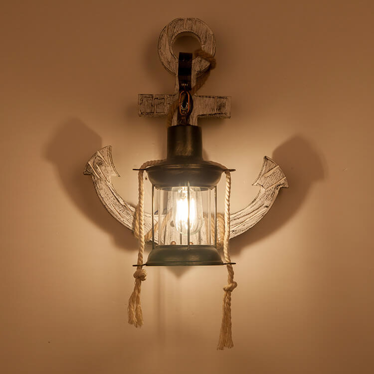 Rustic Industrial Wooden Wall Sconce Lamp with Vintage Boat Anchor Design - 1-Light