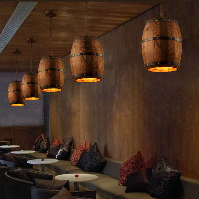 Rustic Round Wooden Wine Barrel Pendant Light - 1-Light Fixture for Dining Room