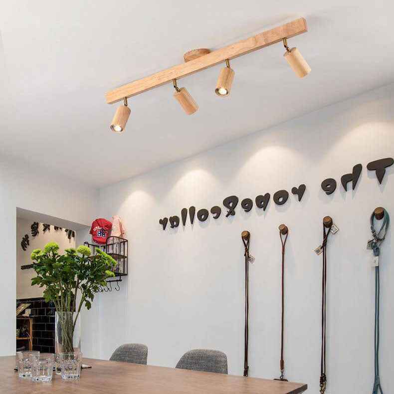 Japanese Minimalist LED Wooden Track Lighting - Semi-Flush Mount Ceiling Light (2/3/4/5 Lights)
