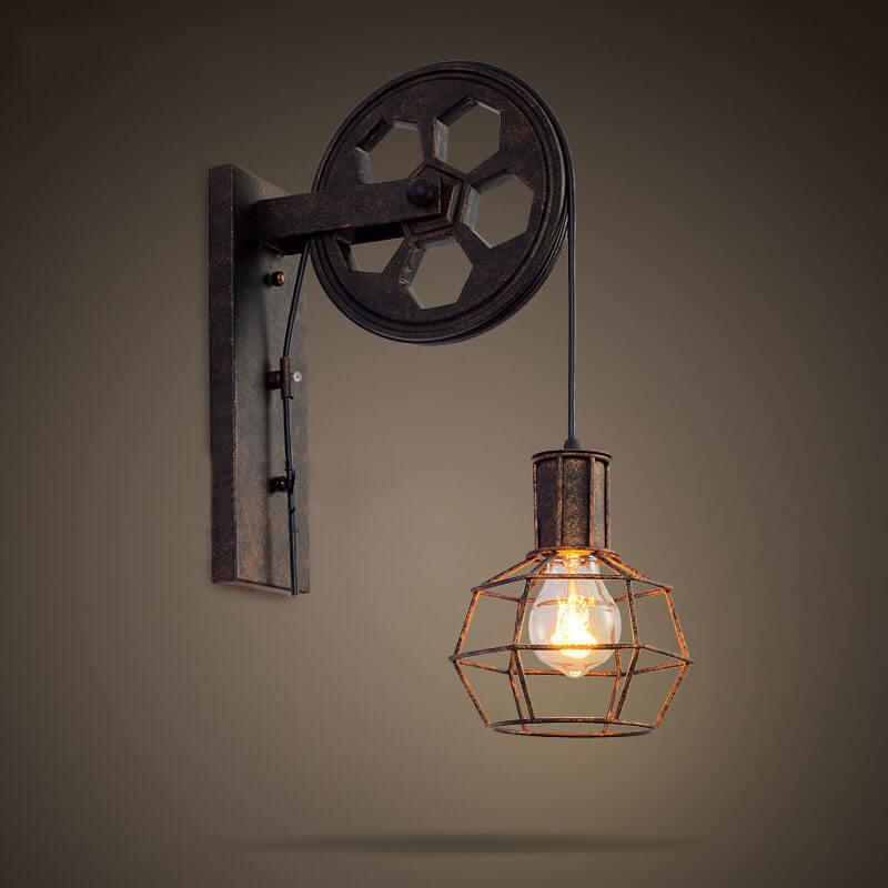 Retro Industrial Iron Wall Sconce Lamp with Single Pulley Light